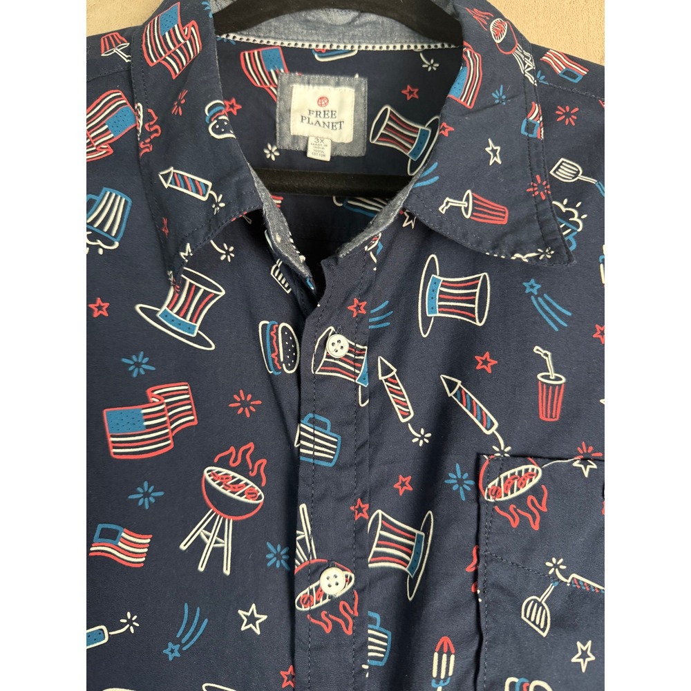Free Planet Mens 3X Navy Blue 4th of July BBQ Americana Button Down Shirt Cotton